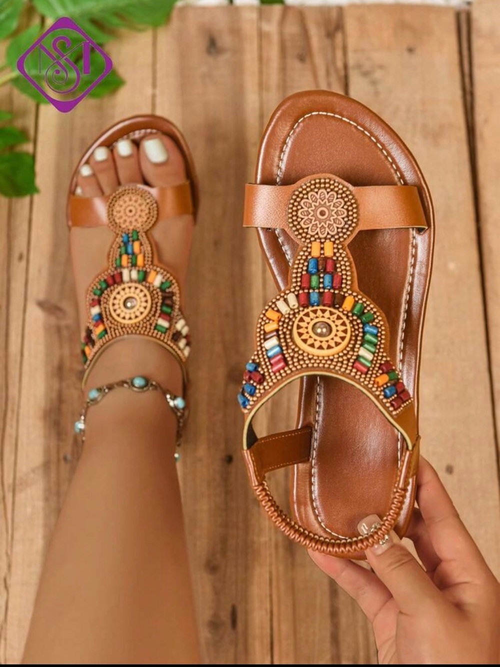 Boho Beaded Brown Women's Sandals